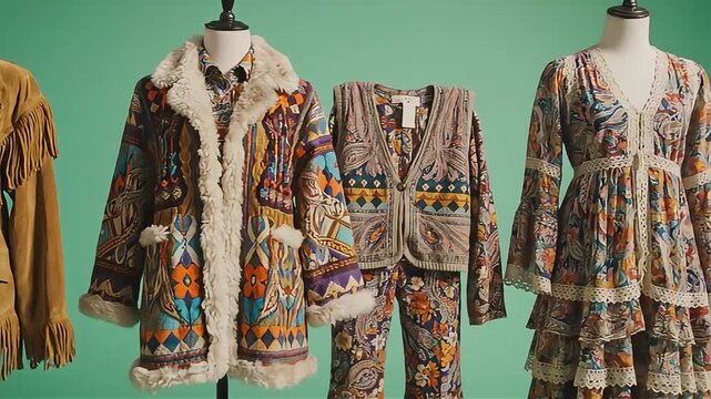 Collection of bohemian and hippie-style clothing on mannequins, featuring a suede fringed jacket, fur-lined patterned coat, and floral patterned dress, suitable for fashion blogs, vintage apparel show