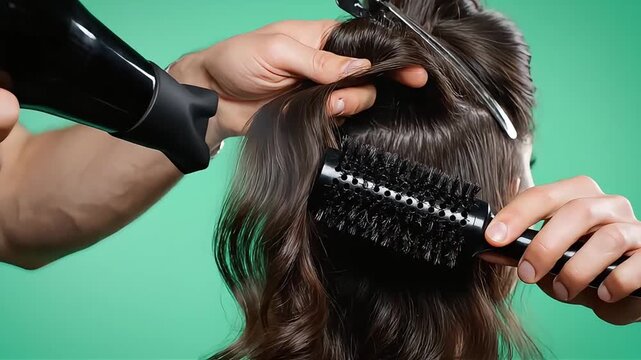 Close-up of a professional hairstylist's hands using a hairdryer and round brush to style and dry a woman's hair against a clean green background, ideal for beauty tutorials, hair care product promoti