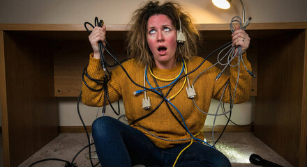 Woman overwhelmed by tangled wires and cables sitting indoors  