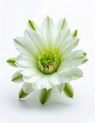 Stunning White Cactus Flower Bloom on a Clean White Background.