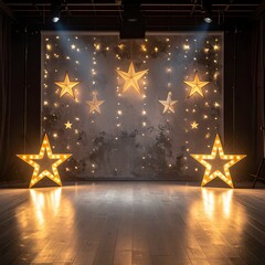 Stage decorated with illuminated stars and string lights for a festive event.