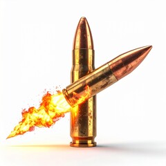 Two rifle bullets, one standing upright and the other angled with a fiery trail, against a clean white background, symbolizing power and speed.