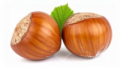 Two whole hazelnuts with a fresh green leaf, isolated on a white background, showcasing their natural texture and color.