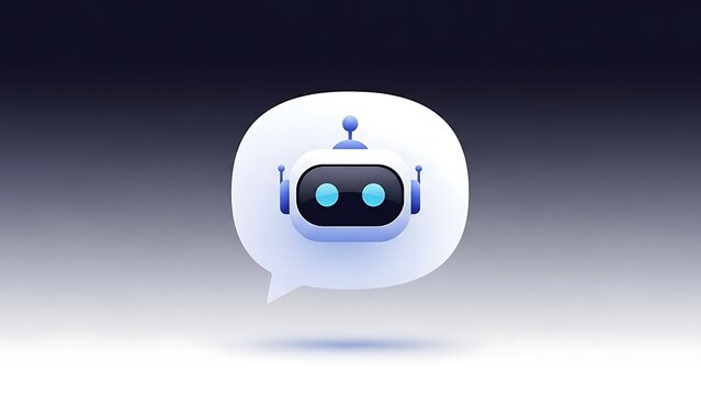 A stylized robot head inside a speech bubble representing artificial intelligence and chat communication - Powered by Adobe