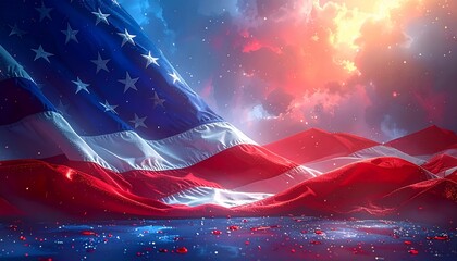 Vibrant American Flag Waving with Patriotic Colors and Dynamic Lighting.