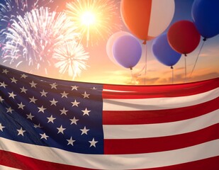 Vibrant American Flag with Fireworks and Balloons Celebrating Independence Day.