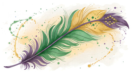 Mardi Gras feather-inspired abstract watercolor composition in green, violet, and gold representing festive movement and elegance