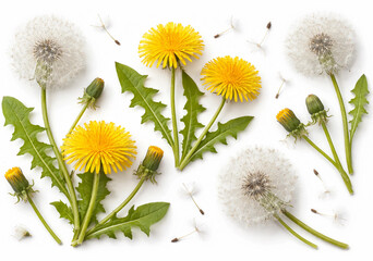 Dandelion Life Cycle with Yellow Flowers and Seed Heads