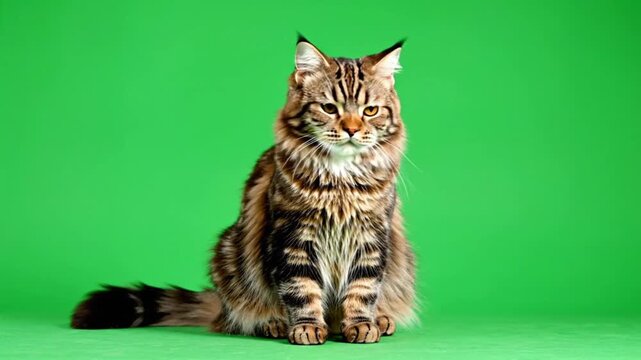 A gorgeous long-haired tabby cat with a thick, fluffy coat and bushy tail sits gracefully looking towards the left on a green screen background, chroma key