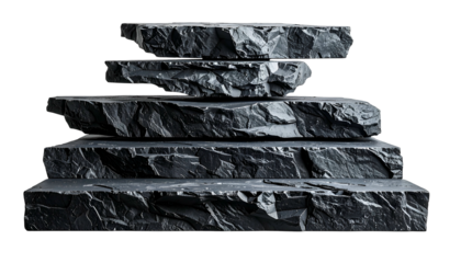 Stacked, irregularly shaped slate platforms, floating in darkness. A minimalist, geological display