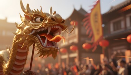 Golden dragon rising above festival crowd during traditional Chinese New Year temple parade