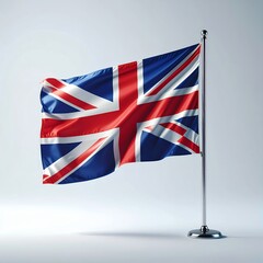 Vibrant Union Jack flag proudly displayed on a sleek metal pole, symbolizing national identity and heritage against a clean background.