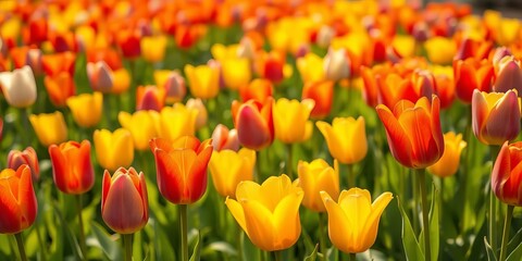 Fototapeta premium A gentle breeze rustles through a field of colorful tulips, swaying rhythmically in the warm spring air, floral, movement