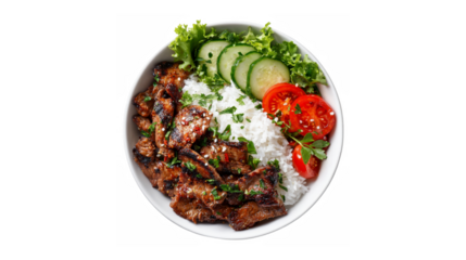 A delicious bowl of grilled meat served with a side of white rice, fresh cucumber slices, and halved cherry tomatoes, garnished with green herbs.