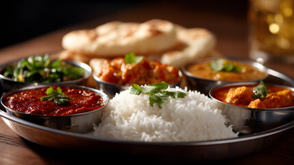 Flavorful Indian Thali: A vibrant composition of traditional Indian dishes, artfully arranged on a round metal plate, inviting viewers into a world of rich flavors and aromatic spices.