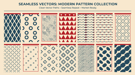 A collection of 12 modern seamless vector patterns featuring various geometric and abstract designs in a limited color palette of cream, dark blue, and red.