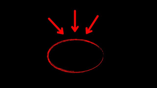 Minimalist red hand-drawn arrows pointing to a central oval circle on black background representing focus, target, goal, and data gathering concept for business.
