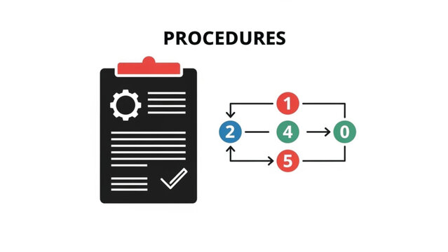 Procedures & Sequential Flow Illustration &ndash; Flat Vector Design with Gear, Clipboard & Numbered Steps