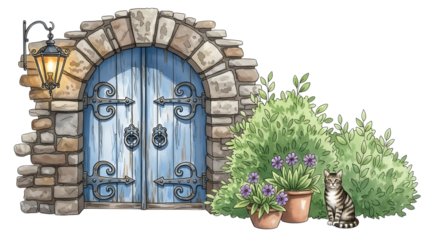 Charming vintage stone doorway with blue door and potted plants isolated on transparent background