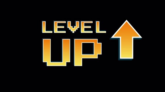 yellow gradient text Level up and arrow pixel with glitch effect. 4k alpha channel animation