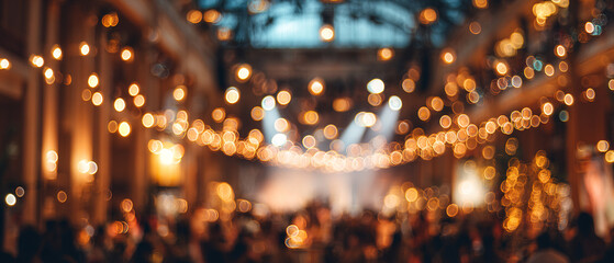 Blurred Festive Event Background with Warm String Lights and Silhouettes of People