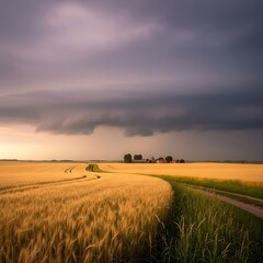 Fototapeta premium Dramatic Skies Over Golden Wheat Field - A Rural Landscape.