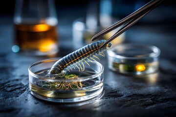 Laboruntersuchung eines Insekts mit Pinzette in Petrischale
