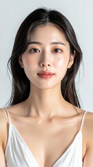 Fototapeta premium Beautiful Young Asian Woman with Long Dark Hair and Natural Makeup Posing Confidently.