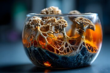 Abstrakte Pilzkultur in Glasgef&auml;&szlig; als biotechnologisches Konzept
