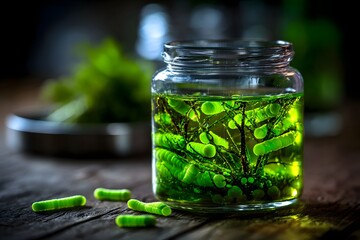 Gr&uuml;ne Pflanzenextrakte in Glas mit Kapseln als modernes Naturheilmittel
