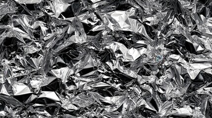 Reflective Crinkled Silver Foil Texture Full Frame for Abstract Designs and Metallic Backgrounds with Glossy Highlights and Geometric Patterns in Overhead Angle