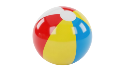 Colorful beach ball PNG isolated on transparent background, inflatable summer toy with red, yellow, blue and white segments