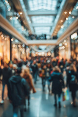 Blurred Crowd of People Walking in a Bright Modern Shopping Mall Interior