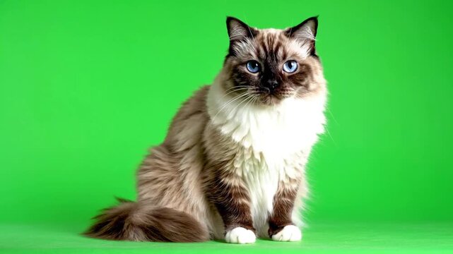 A majestic fluffy Ragdoll cat with elegant point color sits gracefully, looking away to the right on a vivid green screen background, chroma key