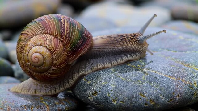 Snail crawling on wet stones, macro view of nature, snail with shell