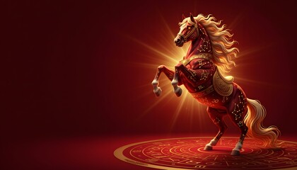 Fiery golden zodiac horse rearing on mystical circular rug in crimson studio
