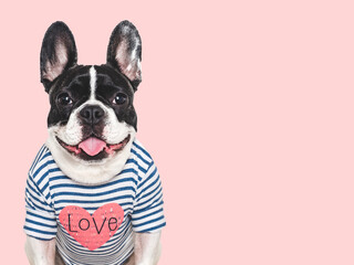 Cute puppy and a heart-shaped pattern on a t-shirt. Dog smile. Greeting card. Close-up. Studio shot, cut out. Congratulations for family, relatives, friends and colleagues. Pets care concept
