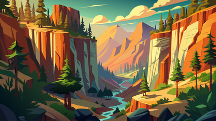 Forest canyon landscape vector with steep cliffs and dense trees, dramatic flat style