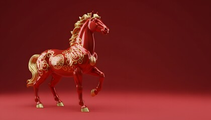 Intricate red zodiac horse figurine standing on luxurious Lunar New Year stage