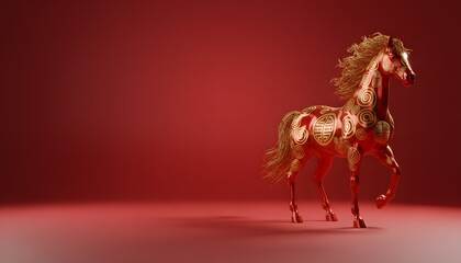 Slender red Chinese zodiac horse statue poised on minimalist festive backdrop