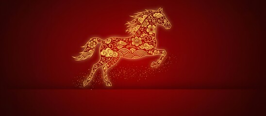 Sparkling outline of trotting zodiac horse formed by golden particles on red