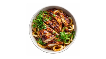 A mouth-watering bowl of udon noodles topped with grilled chicken, fresh green herbs, and a savory sauce, served in a white bowl