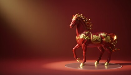 Decorative red zodiac horse figurine glowing on circular podium for Lunar celebration