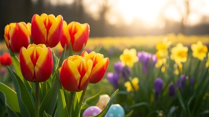 A close-up view of bright red and yellow tulips in full bloom, set against a lush garden backdrop.