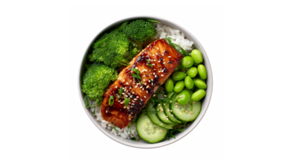 A bowl filled with grilled salmon, steamed broccoli, sliced cucumber, edamame, and white rice, garnished with sesame seeds and green onions.