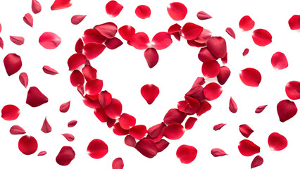 Heart Shape Made of Red Rose Petals with Scattered Petals on White Background