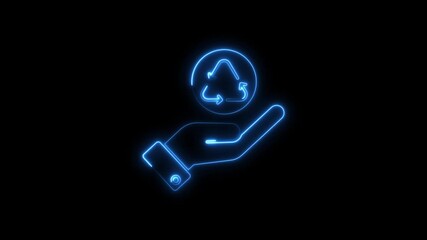 Glowing blue hand holding recycling symbol on black background eco friendly concept sustainability green technology