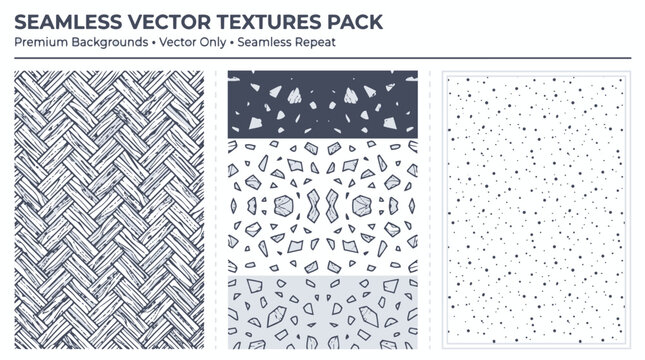 Seamless vector textures pack featuring woven, abstract geometric, and speckled patterns for premium backgrounds and repeats.
