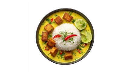 A bowl of Thai curry with a scoop of white rice, crispy tofu, and sliced lime, garnished with fresh herbs and red chili peppers