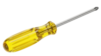 Yellow Phillips head screwdriver isolated PNG on transparent background, hand tool for construction and repair work